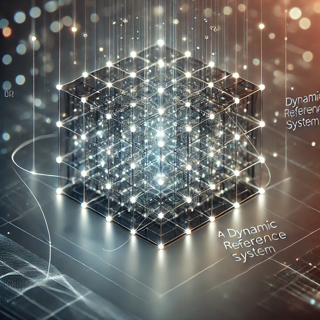 a visualization focusing on the dynamic reference system for WIR, highlighting an abstract cube or lattice structure with glowing intersections and light trails. This design emphasizes scalar references, spatial coherence, and real-time adaptability, offering a clear, futuristic interpretation of the concept.