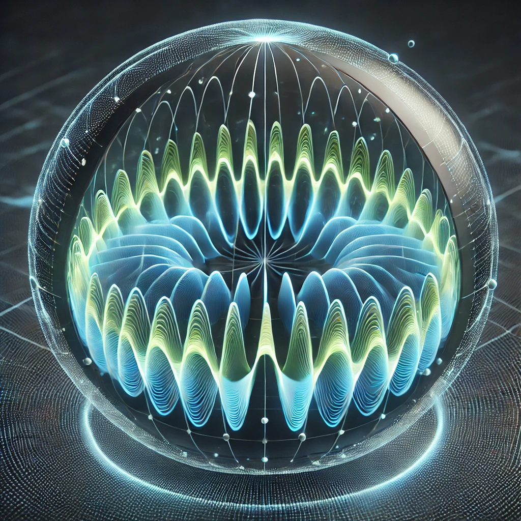 
		
			A dynamic visualization of lightwave pathing within a spherical system, illustrating glowing blue and green waves radiating from the core to the outer boundary. 
			The oscillating pathways represent light traveling at the speed of c, forming smooth, interconnected patterns that link the spherical layers. 
			Each wave appears precise and dynamic, weaving through the sphere to synchronize data transmission in real time. 
			The glowing paths emphasize temporal alignment and adaptability, ensuring coherence across the system. 
			The dark background enhances the radiant waves, highlighting the central role of lightwave motion in binding the spherical structure into a unified framework.
			
		