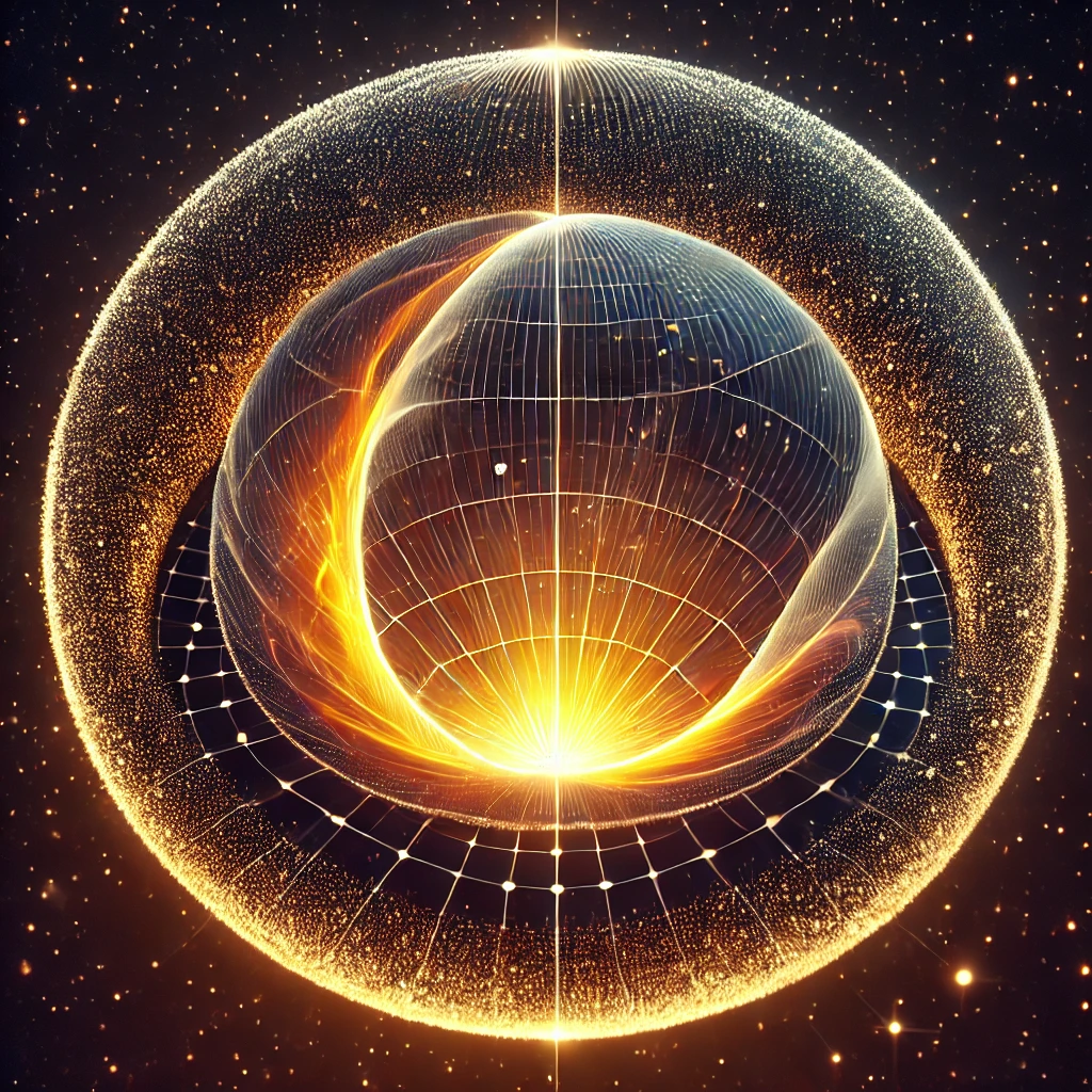 
		
			A visualization of the outer boundary of a spherical system, illustrating a glowing Gaussian envelope that smoothly transitions from intricate core patterns to a fading, outward gradient. 
			The center of the sphere is vibrant with golden and orange highlights, representing localized detail and dense information. 
			As the gradient extends outward, the boundary dissolves into a dark, star-filled background, symbolizing the seamless blending of local data with the broader, universal context. 
			The glowing transition conveys a dynamic flow of information, allowing for adaptive refinement and expansion into unknown regions.
		
		