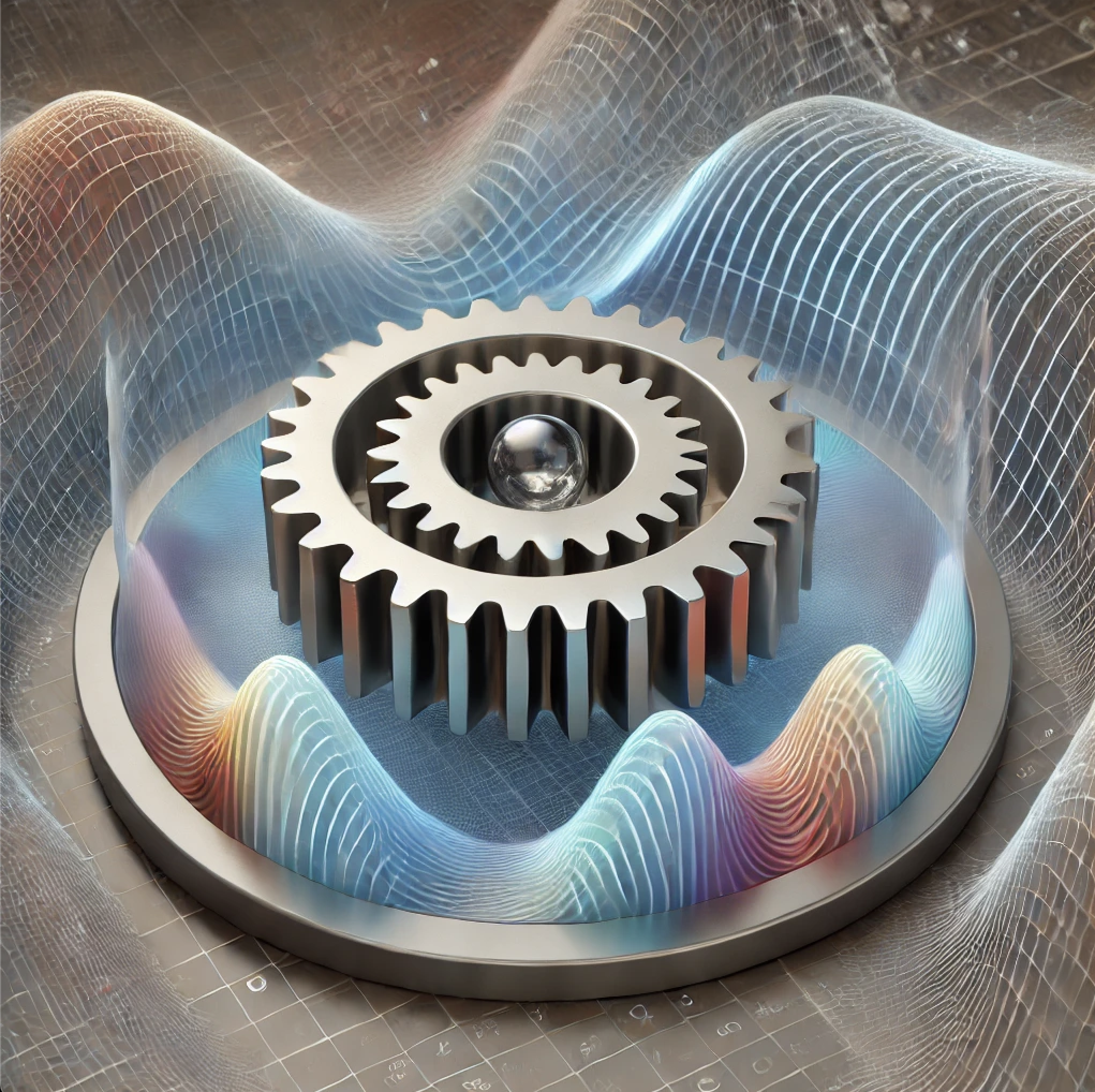 
	.	Central Beveled Gear: At the center, a large, stylized bevel gear represents the particle. The gear is semi-transparent, allowing a view of light waves interacting with it.
			2.	Waves of Light: Surrounding the bevel gear, waves of different colors (representing various wavelengths) flow in, with some passing through the gear’s teeth. The waves subtly shift in color as they interact with the gear, illustrating phase changes.
			3.	Bosonic Pad of Oil: Around the gear, a viscous-looking, semi-transparent layer represents the photonic oil pad. The waves passing through this layer appear smoother and more aligned, symbolizing the phase buffer effect.
			4.	Spacetime Grid: In the background, a slightly distorted grid symbolizes spacetime. It bends gently around the gear and waves, visualizing the concept of spacetime as a phase tolerance buffer.
			5.	Doppler Shift Effect: As the waves move from left to right, they gradually change color to represent the Doppler effect—cooler colors on the left shifting to warmer hues on the right.
			6.	Minimalist Design: The overall design is sleek and modern, with a focus on clarity and educational value. Labels or annotations could be added subtly to highlight key elements.
	  