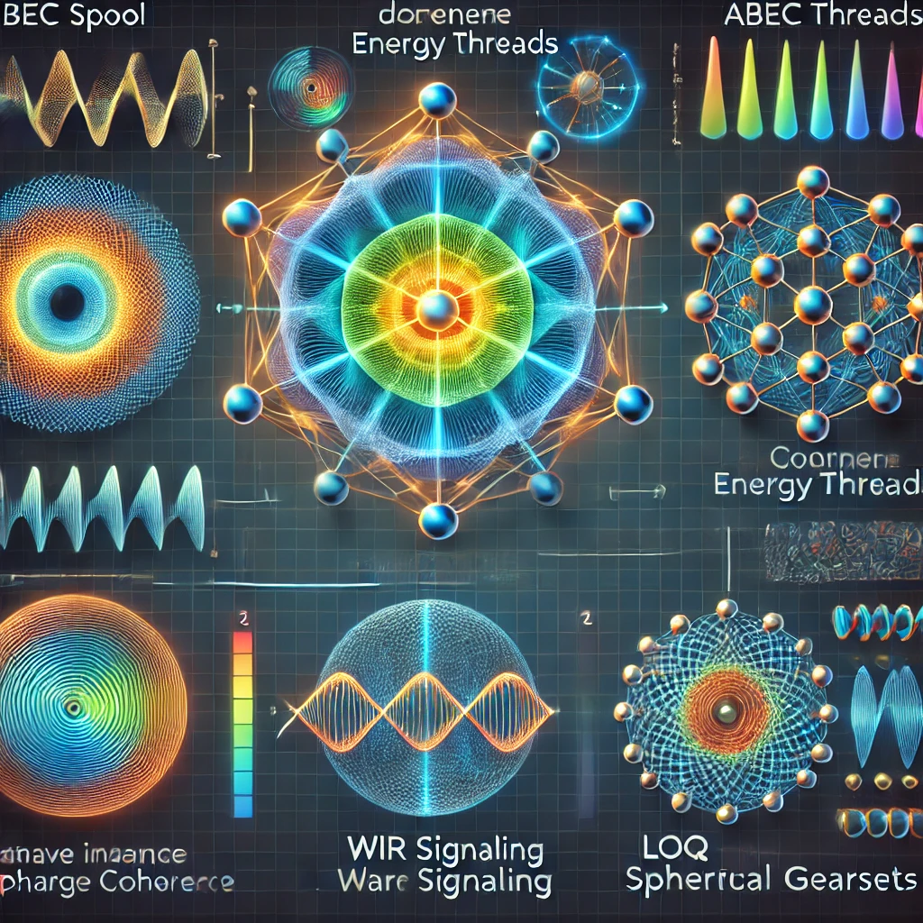 
			A dynamic visual representation of the progression from monochrome holographic data to multidimensional volumetric coherence. 
			The image starts with a central blue core (BEC Spool), symbolizing raw, uniform energy coherence. 
			Green threads (ABEC Threads) weave structured pathways, marked by nodal intersections, guiding energy alignment. 
			Yellow waves (WIR Signaling) flow through the threads, demonstrating synchronized phase interactions and interference patterns. 
			The transformation culminates in vibrant red interlocking spheres (LoQ Spherical Gearsets), symbolizing the addition of rotational dynamics and chromatic depth, turning the framework into a fully realized 3D energy system. 
			This visual bridges the evolution from simplicity to advanced functionality, aligning with the Chroma Unison’s mission to create interactive volumetric energy systems.
		