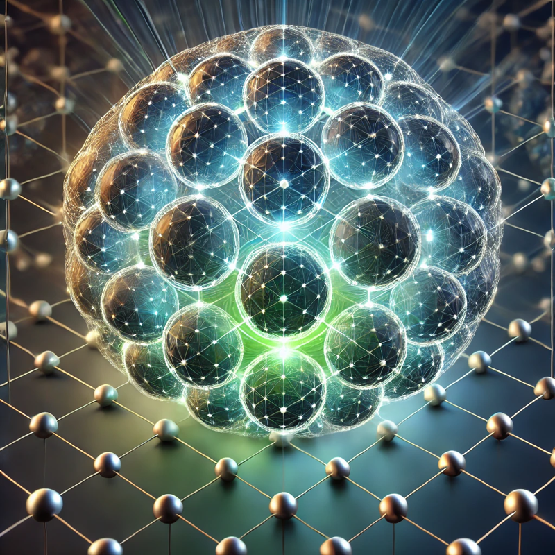 
		llustration showcasing a factorial 3D energy system with glowing depth charge spheres. 
			
		The interconnected energy grid wraps the spheres, creating a dynamic lattice with intricate holographic displays of internal matter and a striking sense of dimensionality.
		