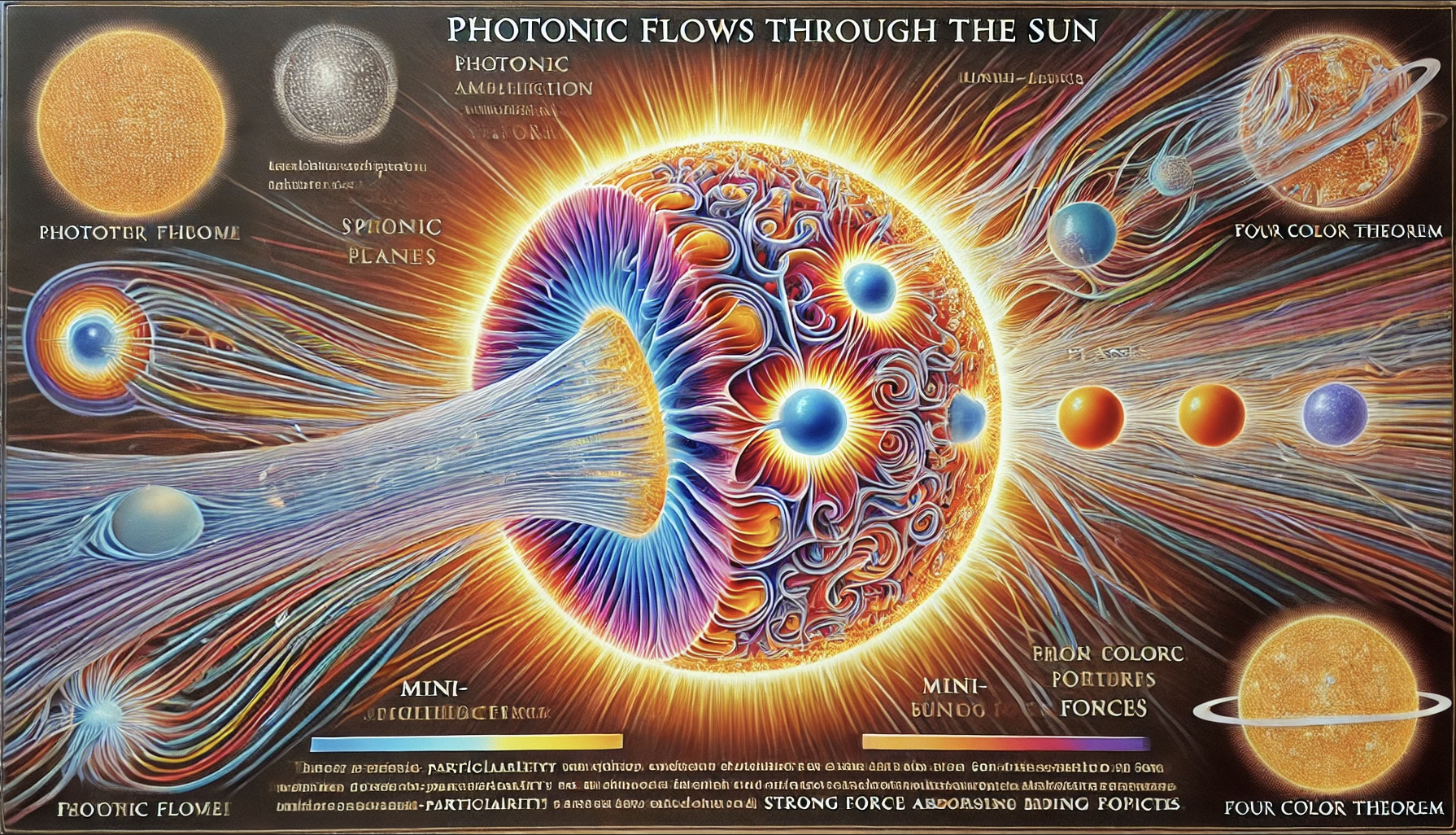 Here is the detailed illustration representing photonic flows through the sun, incorporating elements of the Four Color Theorem (4CT). The image shows various photonic flows meandering through the sun, converging at certain points to create mini-particularities characterized by unique absorption and decay properties. These points of convergence illustrate how photonic amplification occurs, creating intricate patterns and interactions.
	
		Key Elements:
		Photonic Flows:
		
		The colored lines represent different photonic flows moving through the sun's plasma, illustrating how light and energy propagate through the solar material.
		Converging Planes:
		
		Areas where these photonic flows intersect are highlighted, showing where photonic amplification takes place. These convergence points can be seen as nodes where energy is concentrated.
		Mini-Particularities:
		
		At the convergence points, mini-particularities are illustrated, representing unique phenomena that occur due to the interaction of photonic flows. These could include absorption, decay characteristics, and other quantum effects.
		Spherical Links and Strong Force Binding:
		
		The image also depicts spherical links, symbolizing how photonic flows can create binding forces akin to the strong nuclear force. These links show the interconnected nature of photonic and nuclear interactions.
		Four Color Theorem (4CT):
		
		Elements of the Four Color Theorem are used to distinguish different regions and flows, emphasizing the diversity and complexity of interactions within the sun.
		Summary:
		This visualization helps illustrate the complex and dynamic nature of photonic flows through the sun, emphasizing how these flows create unique interactions and phenomena at convergence points. It blends concepts from quantum mechanics, nuclear physics, and mathematical theorems to provide a comprehensive view of the sun's internal dynamics.