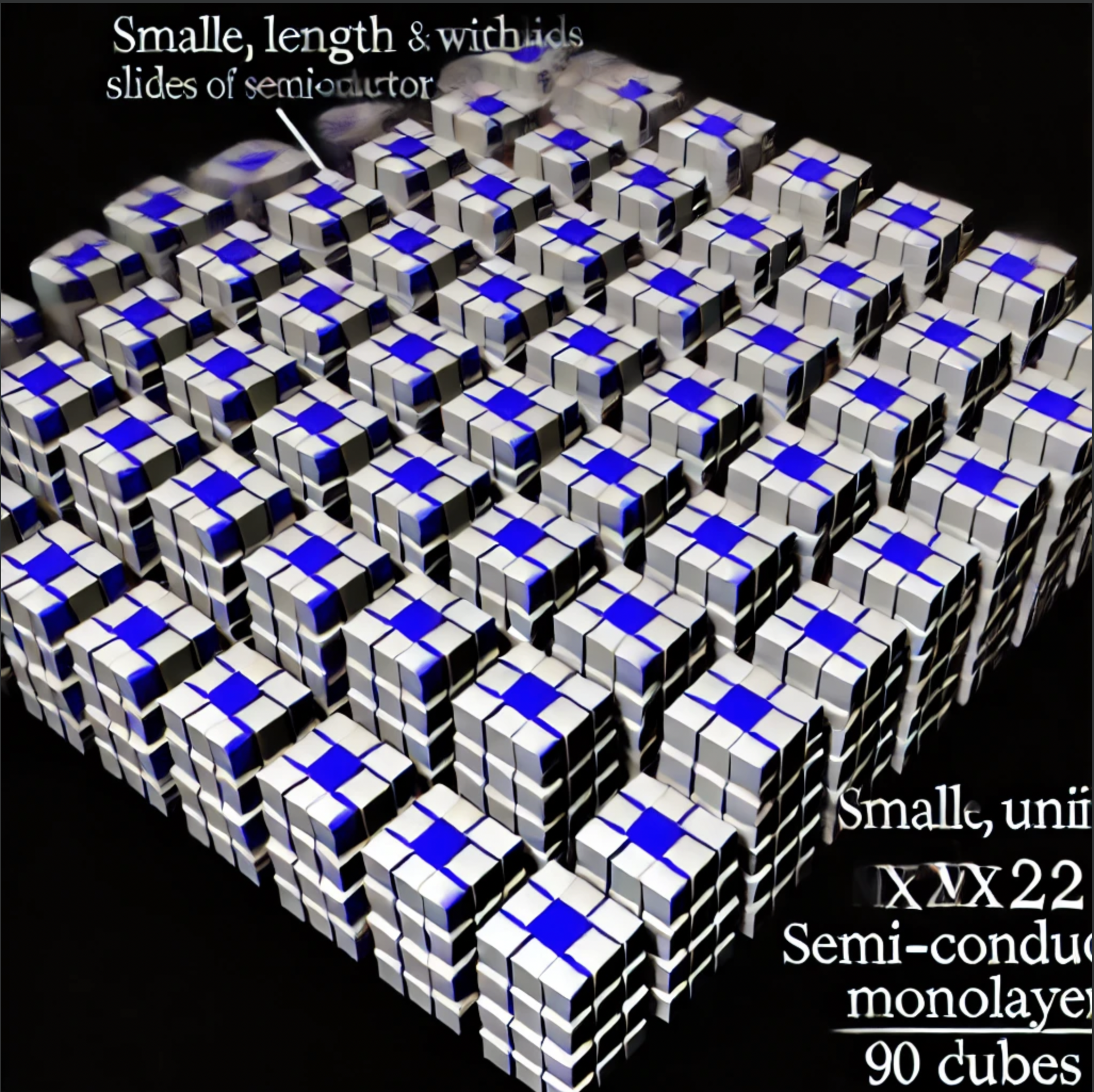 
			Small uniform lenghxwidth slides of MX<sub>2</sub> Semi-Conductor Monolayers arranged into equal height stacks with a uniform arrangement called a cube. Cubes fill a material volume with each cube being 90 degrees offset of those around in a repeating pattern. 
		  