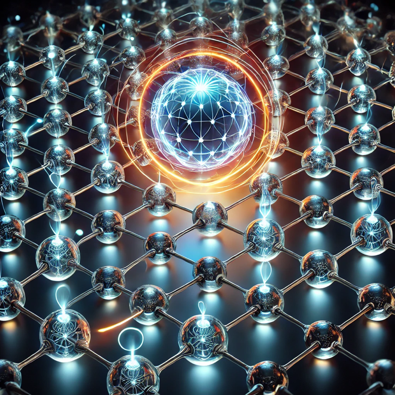 
		Illustration featuring a uniform crystal molecular grid integrated with the rotating energy sphere. 
			
		The grid now has symmetrical crystalline nodes and pathways, directing energy into the sphere and connecting to smaller acute energy spheres via depth charge pathways.