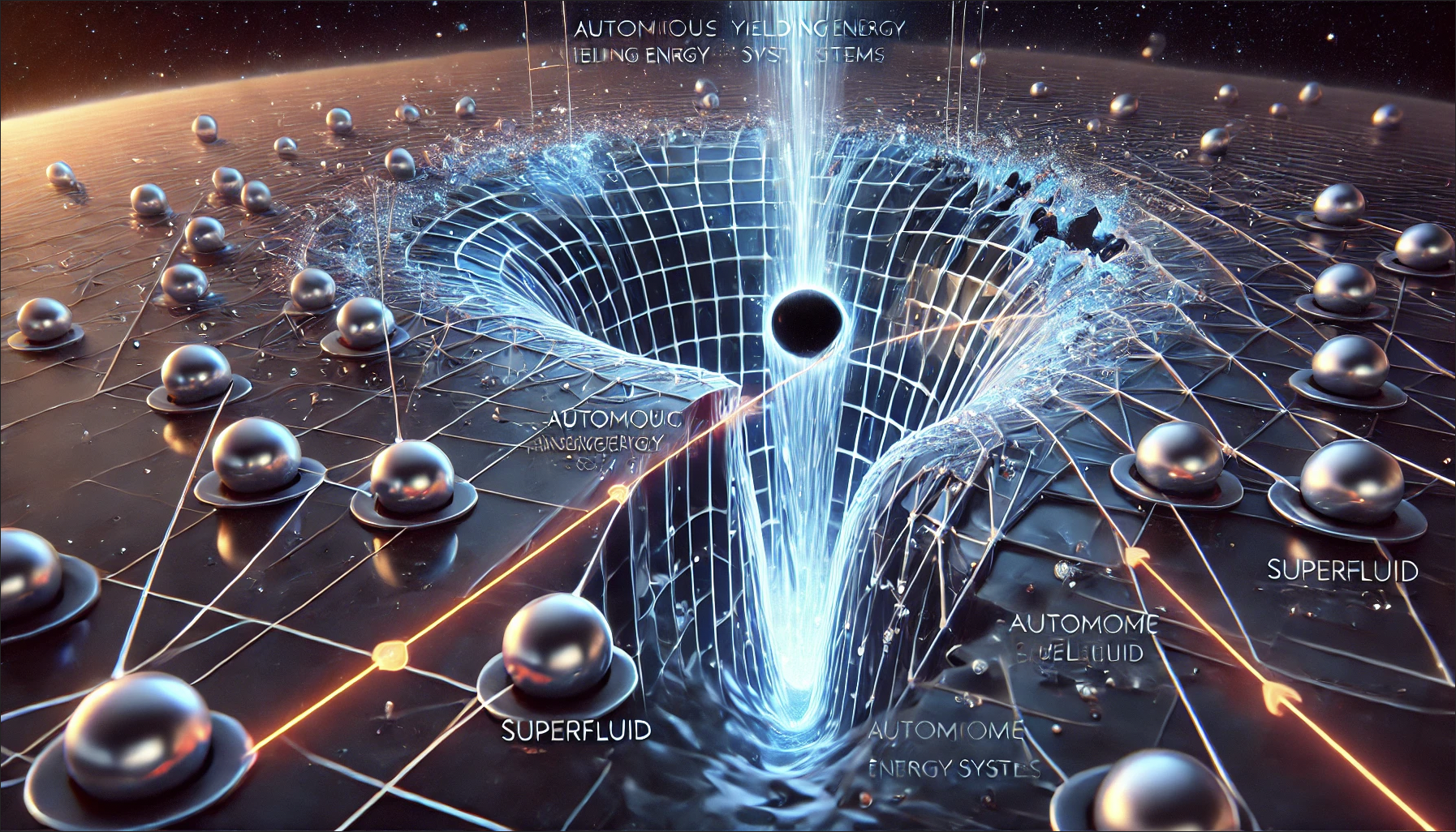 Here's the detailed illustration of the Autonomous Yielding Energy Systems (AYES) arranged in a geometric plane, sending photonic beams around a black hole to create superfluid energy droplets. The close-up shows a superfluid water droplet breaking free due to the Tug and being kept together by the photonic cooling effect.