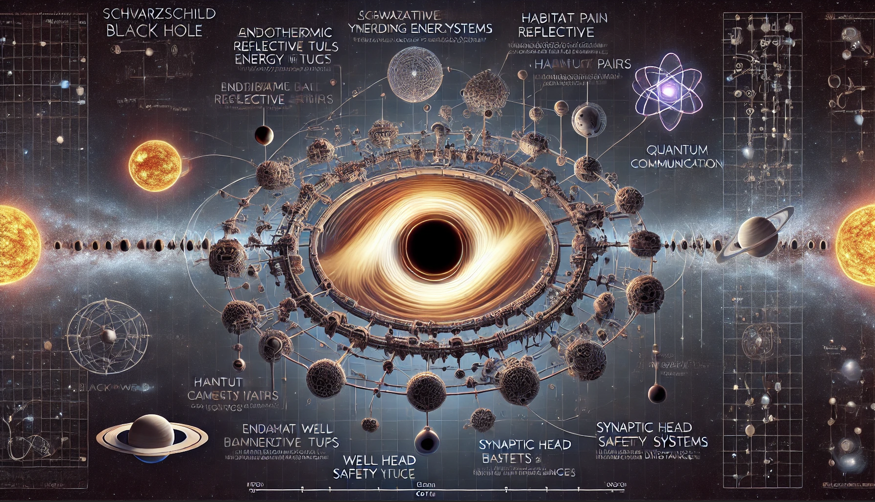 Here's the updated illustration of the Schwarzschild black hole with the AYES network linking to a pair of rotating stars and their planetary systems. The elements are arranged according to your legend, depicting a structured and interconnected habitat network. This visualization captures the essence of fostering a connection between the black hole and the twin stars, symbolizing the concept you described.