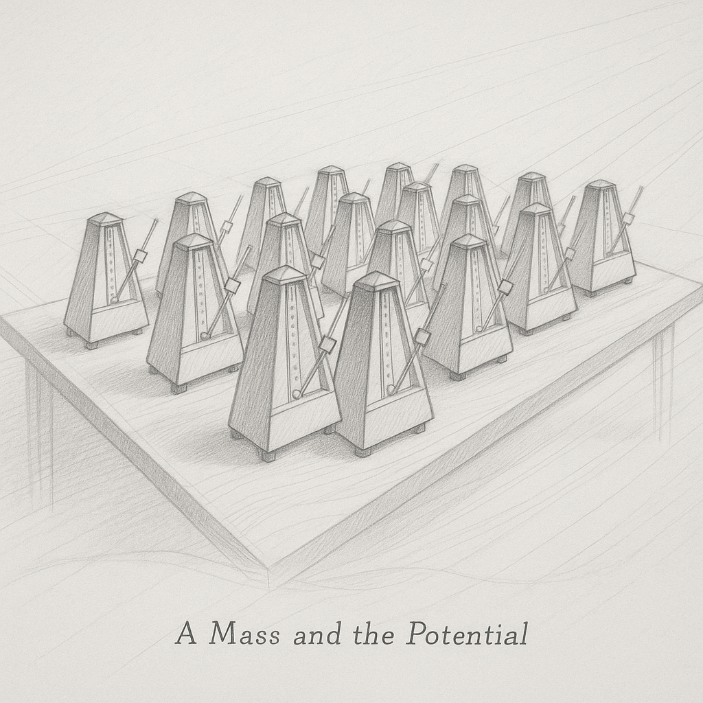 Many metronomes on a table top with a uniform harmonic beat with the text,'A Mass and the Potential'